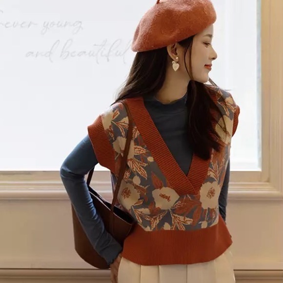 Floral know vest sweater too v-neck high low knit vintage soft orange - Picture 6 of 14